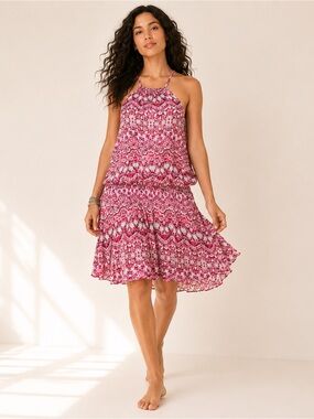Vintage Free People Halter Mini Dress Pink Boho Print Pockets Elastic Waist S